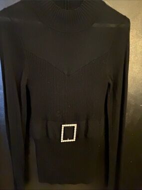 Y2K Belldini Black Ribbed Sweater with bling buckle and sheer insert + sleeves
